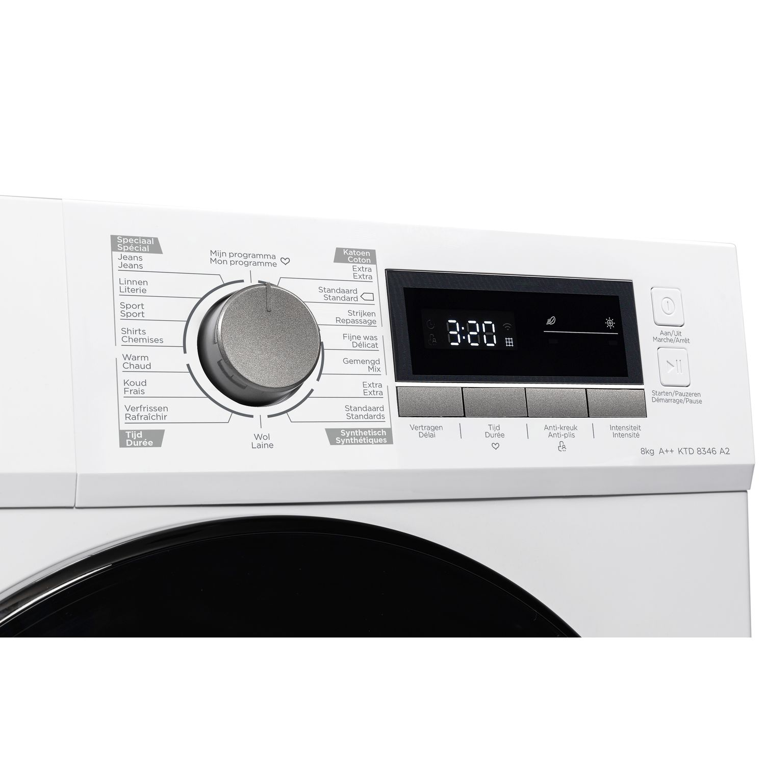 Wasmachine bedieningspaneel. Een draaiknop, digitaal display en knoppen voor verschillende wascycli.