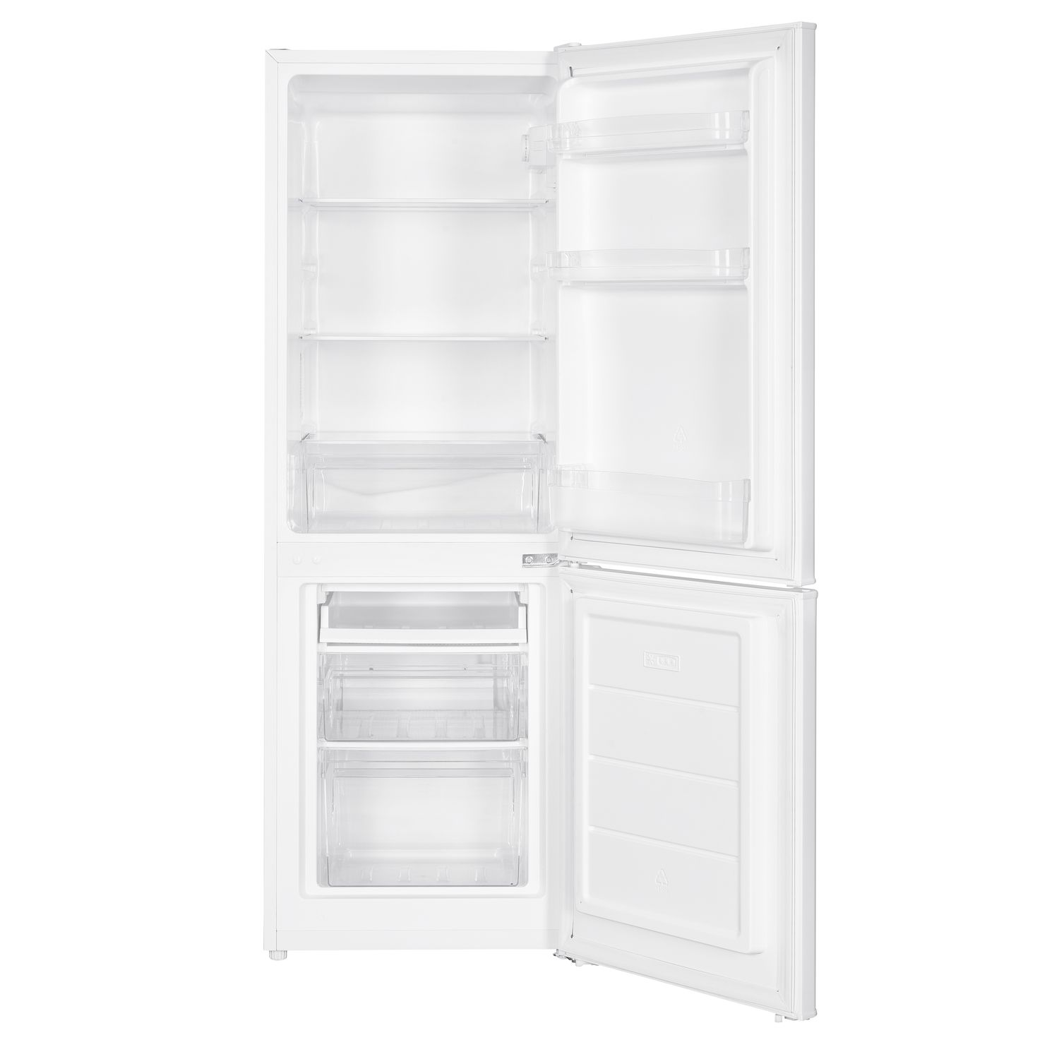 A white refrigerator with open doors, showcasing shelves and freezer drawers.