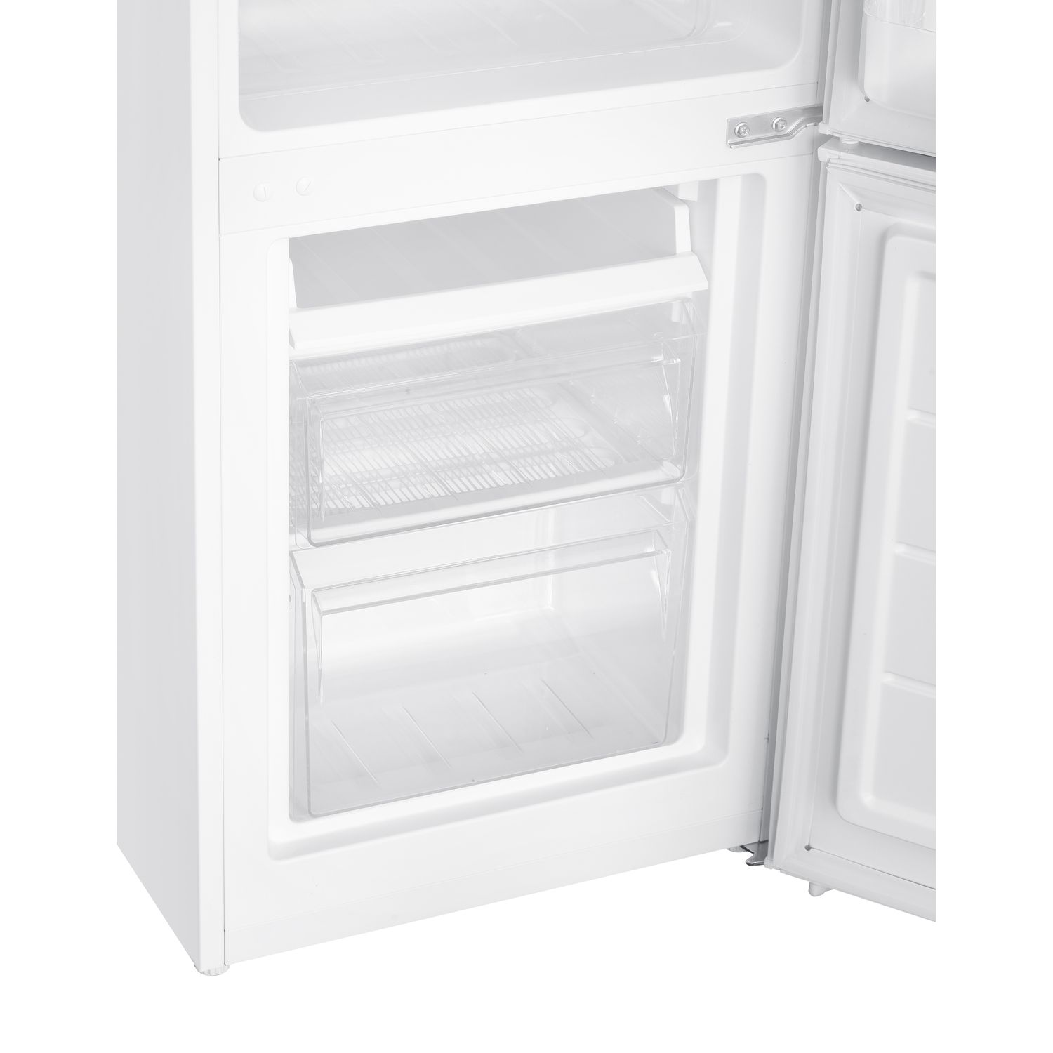 White refrigerator with open freezer drawers. Two clear drawers, white interior.