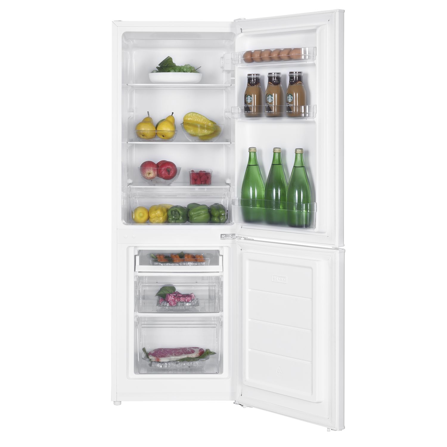 A white refrigerator with the door open, showing shelves with food and drinks.