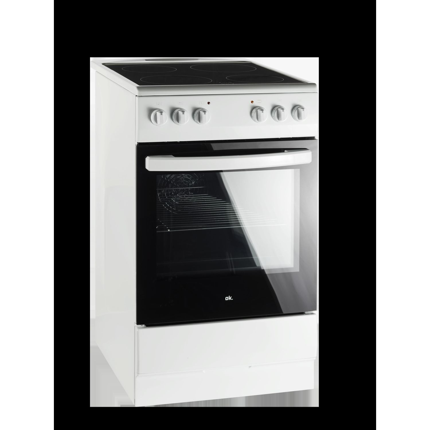 Witte elektrische kookplaat met vier branders en een oven.