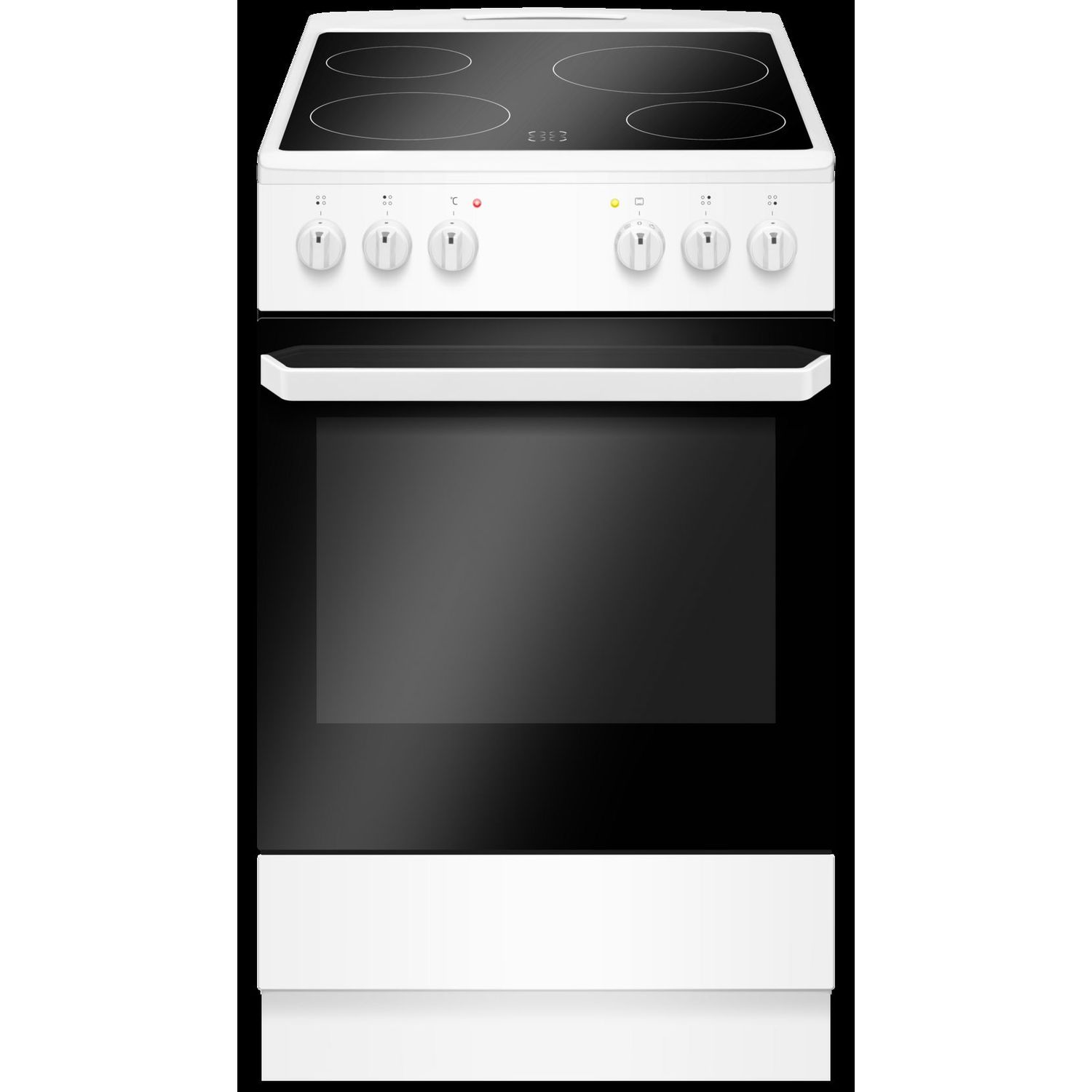 Een wit en zwart elektrisch fornuis met vier branders en een zwarte ovendeur.