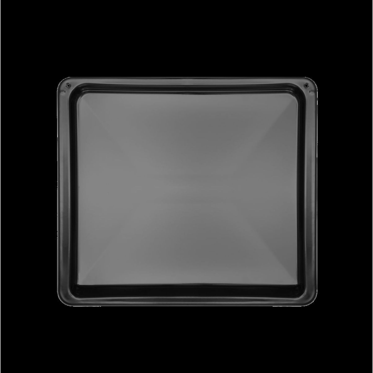 Un plateau de four noir sur fond noir, vue de dessus.