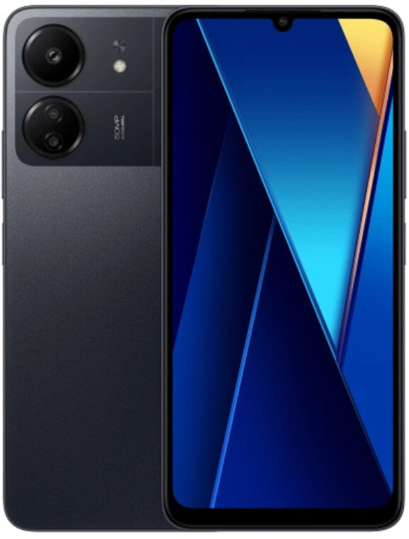 Czarny smartfon z niebieskim ekranem. Dwie soczewki aparatu z tyłu.