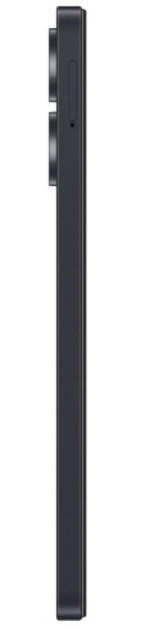 Czarny smartfon, widok z boku. Widoczne dwa aparaty, lampa błyskowa i przyciski. Czarne tło.