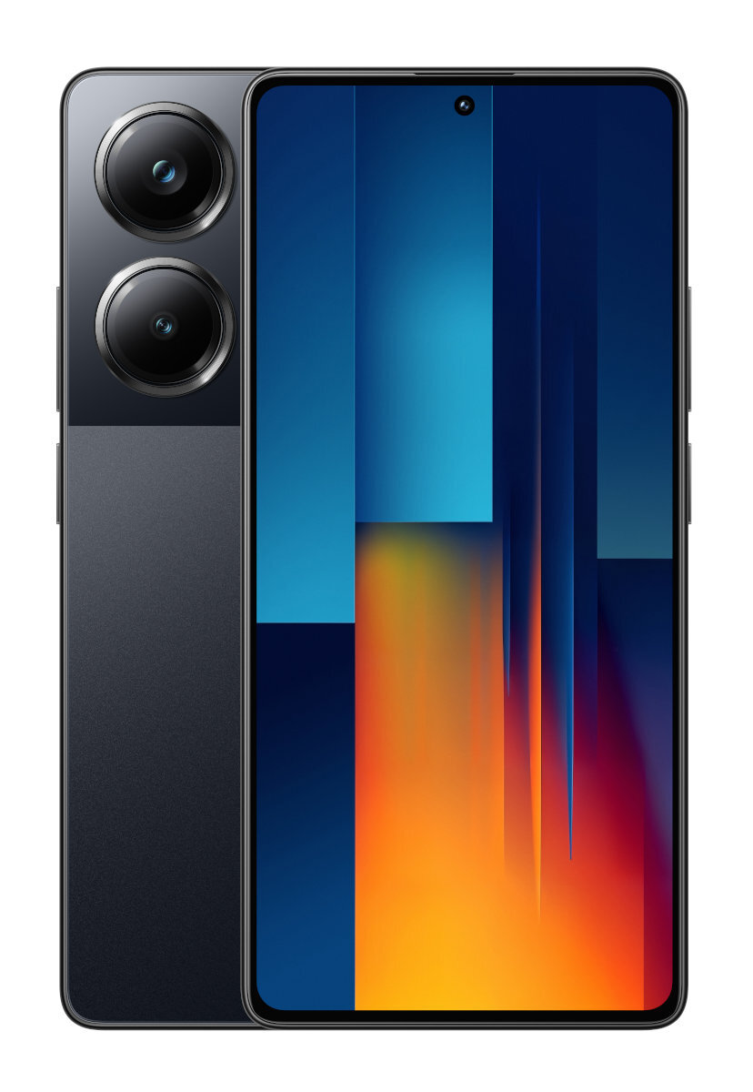 Czarny smartfon z dwoma aparatami, dużym ekranem z kolorowym abstrakcyjnym tłem.