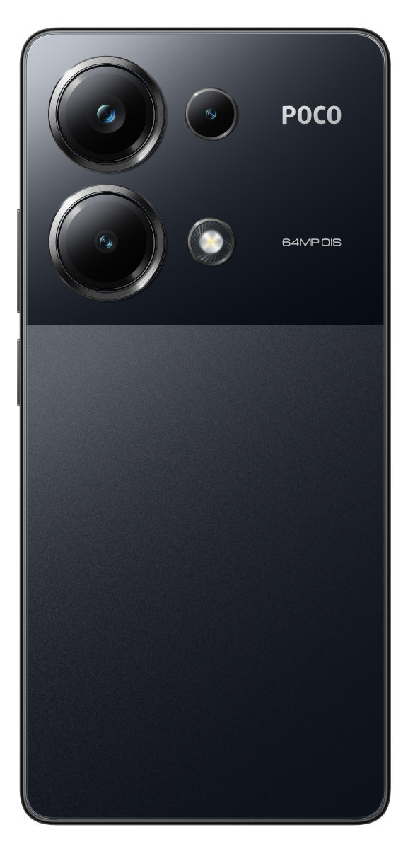 Czarny telefon z trzema aparatami i napisem POCO. Tył jest czarny i szary.