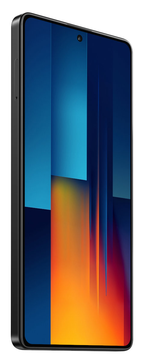 Czarny smartfon z kolorowym wyświetlaczem, pokazany pod kątem na białym tle.