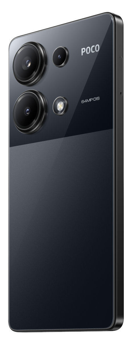 Czarny smartfon z trzema tylnymi aparatami i napisem "POCO" z tyłu.