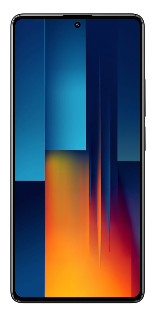 Smartfon z niebieskim, pomarańczowym i ciemnoniebieskim abstrakcyjnym tłem.