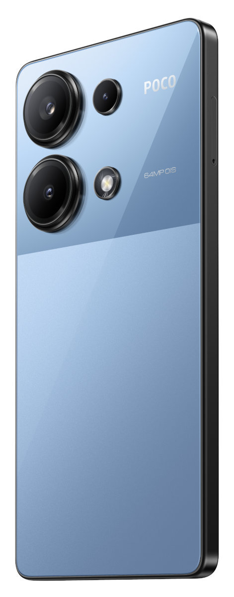 Niebieski smartfon z wieloma aparatami, słowem POCO i eleganckim designem, widoczny z boku pod kątem.