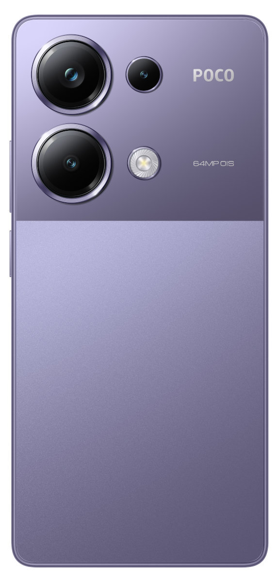 Fioletowy smartfon z trzema aparatami i napisem POCO, 64MPOIS z tyłu.