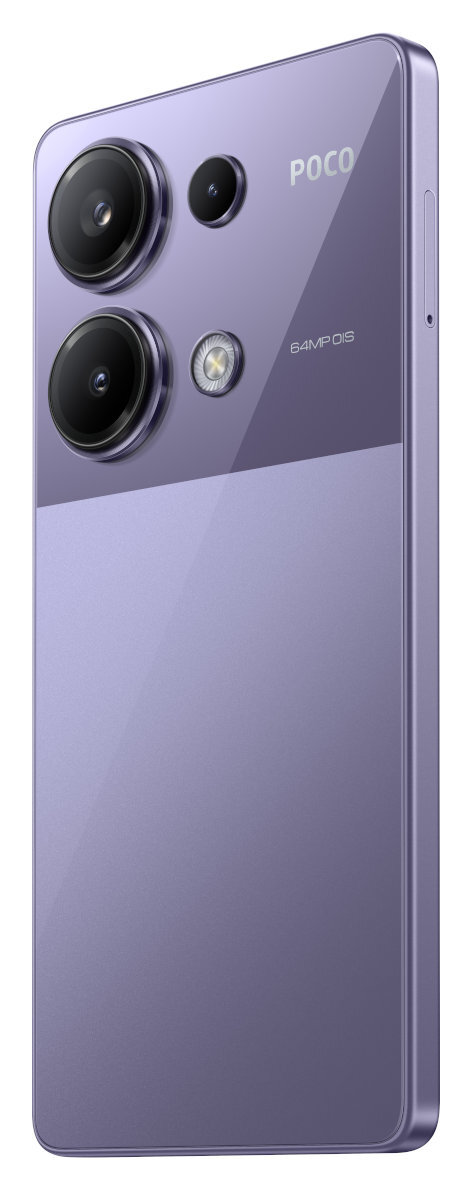 Fioletowy smartfon z wieloma aparatami, błyszczącym tyłem i białym tłem.