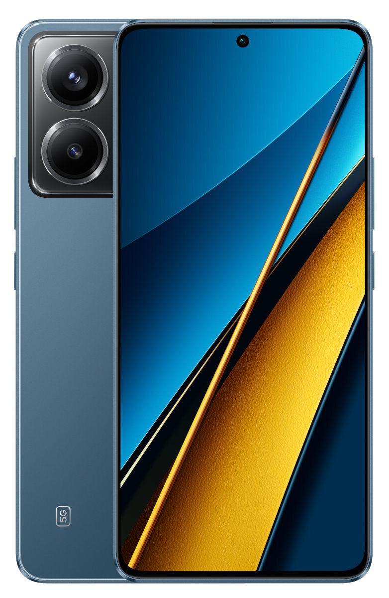 Niebieski telefon z podwójnym aparatem i ekranem z niebiesko-żółtym wzorem.