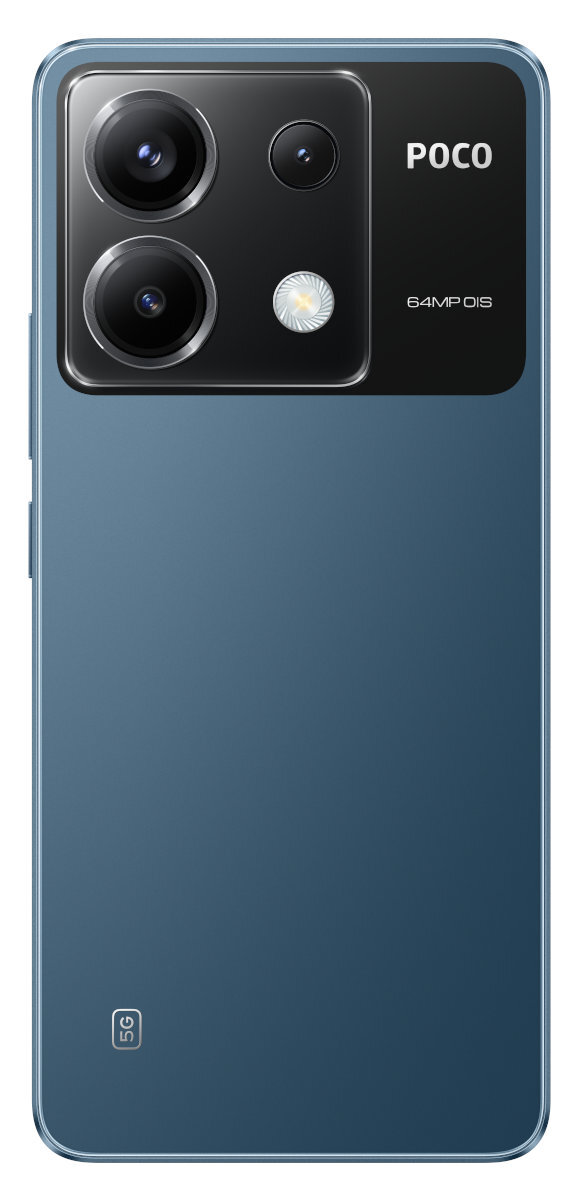 Niebieski tył telefonu Poco z trzema aparatami, logo POCO i etykietą 5G na dole.