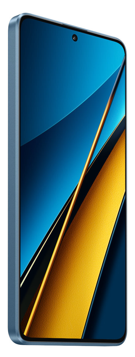 Niebieski smartfon, widok z boku. Wyświetla niebieskie, złote i żółte abstrakcyjne tło.