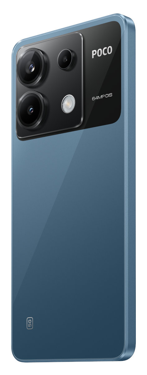 Niebieski smartfon z potrójnym aparatem, POCO, białe tło.