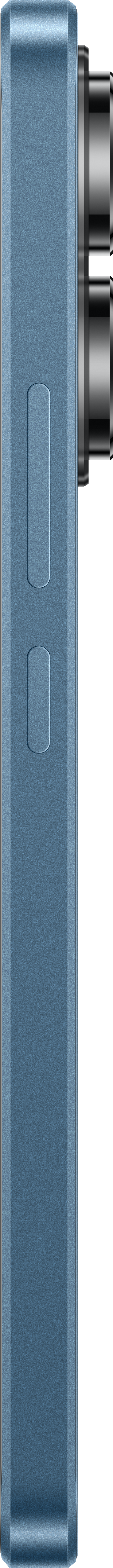 Widok z boku niebieskiego telefonu, pokazujący przyciski i moduł aparatu na czarnym tle.