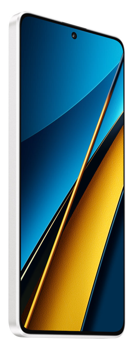 Smartfon z niebieskim i złotym abstrakcyjnym wzorem na ekranie.