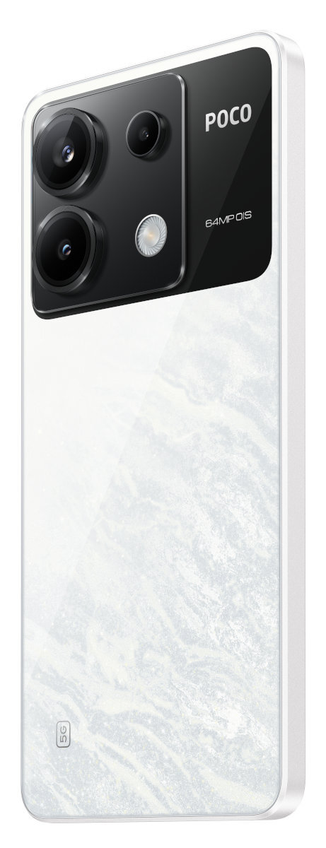 Biały smartfon z czarnym modułem aparatu i logo POCO.