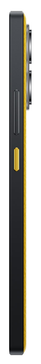 Widok z boku czarno-żółtego smartfona pokazujący przyciski i obiektywy aparatu.