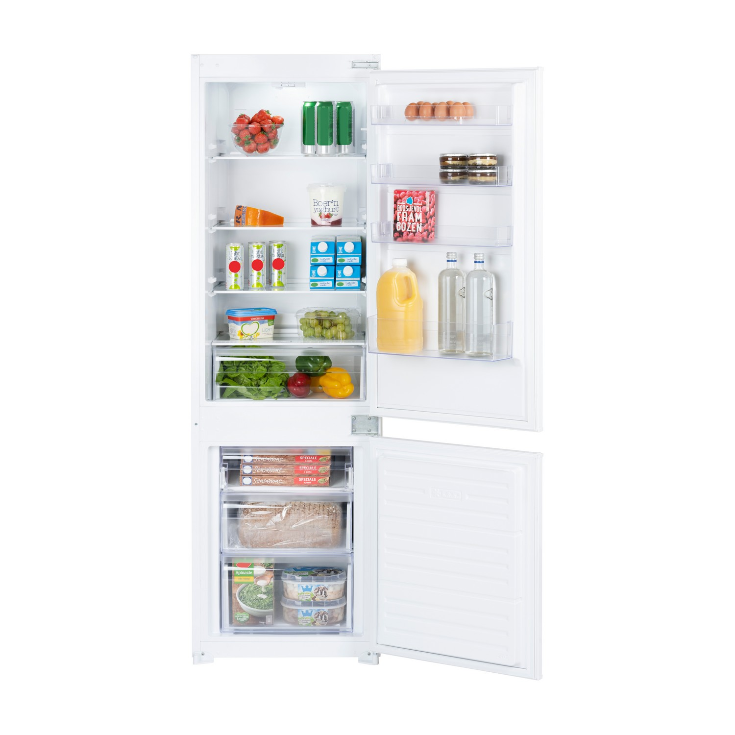 An open white refrigerator filled with food items. Includes fruits, drinks, cheese, eggs, and vegetables.