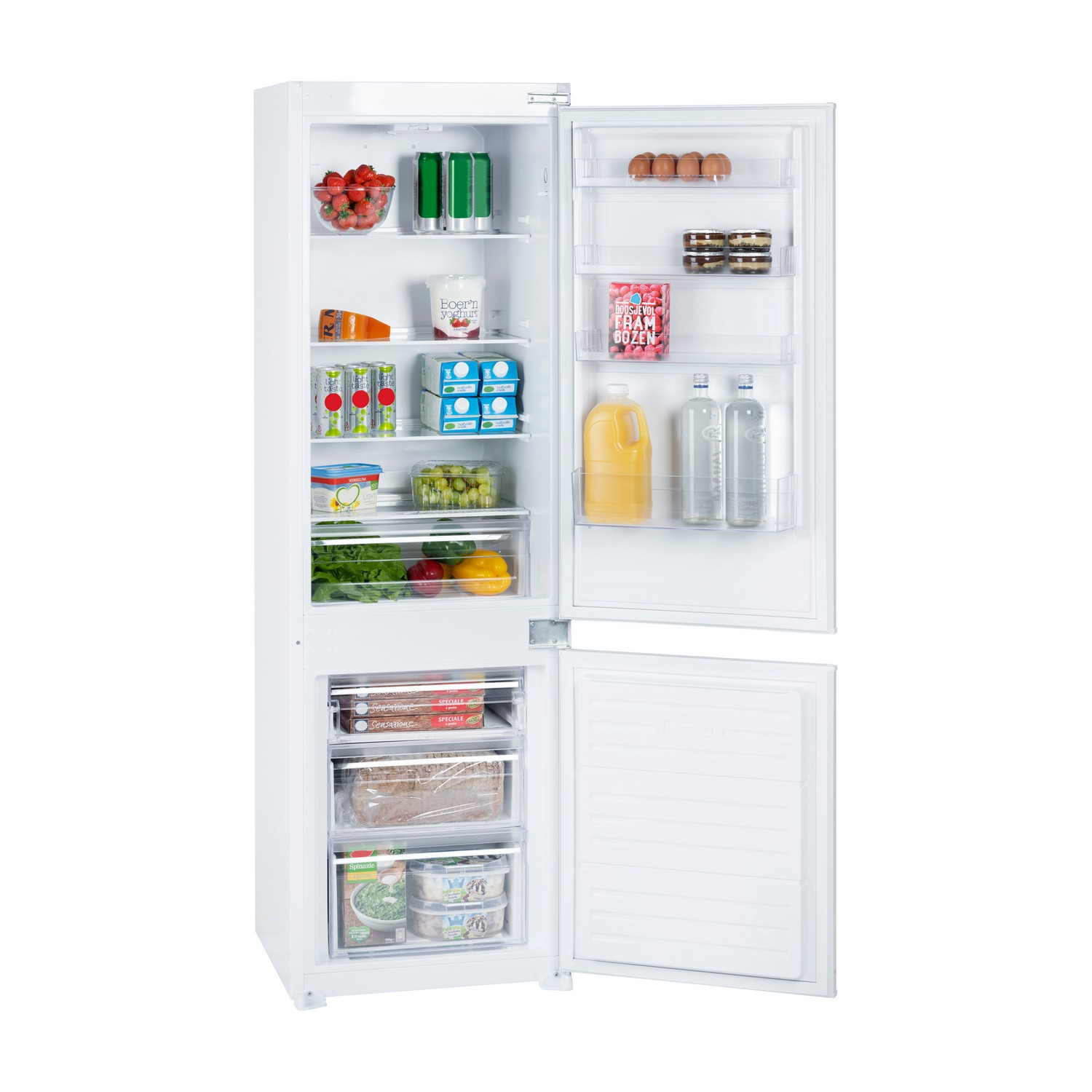 A refrigerator with an open door, showing shelves filled with various food items and containers.