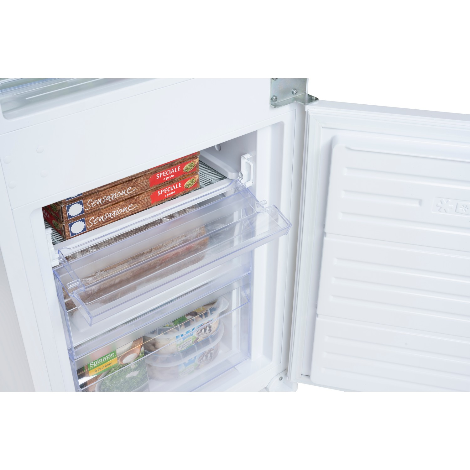 Freezer with open door, containing frozen food in drawers.  White interior.