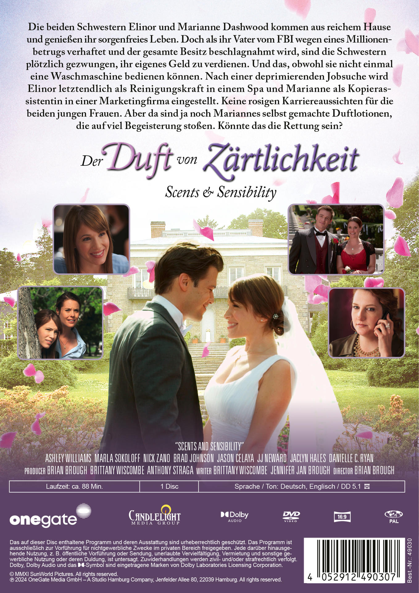 DVD-Hülle für "Scents and Sensibility" mit Schauspielern und romantischer Szene.