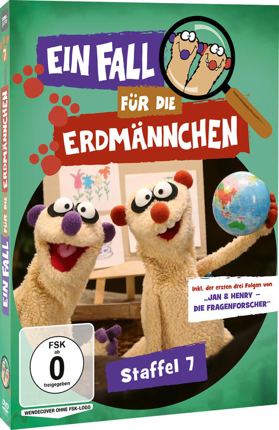DVD-Cover von Ein Fall für die Erdmaennchen, mit zwei Zeichentrick-Erdmännchen.