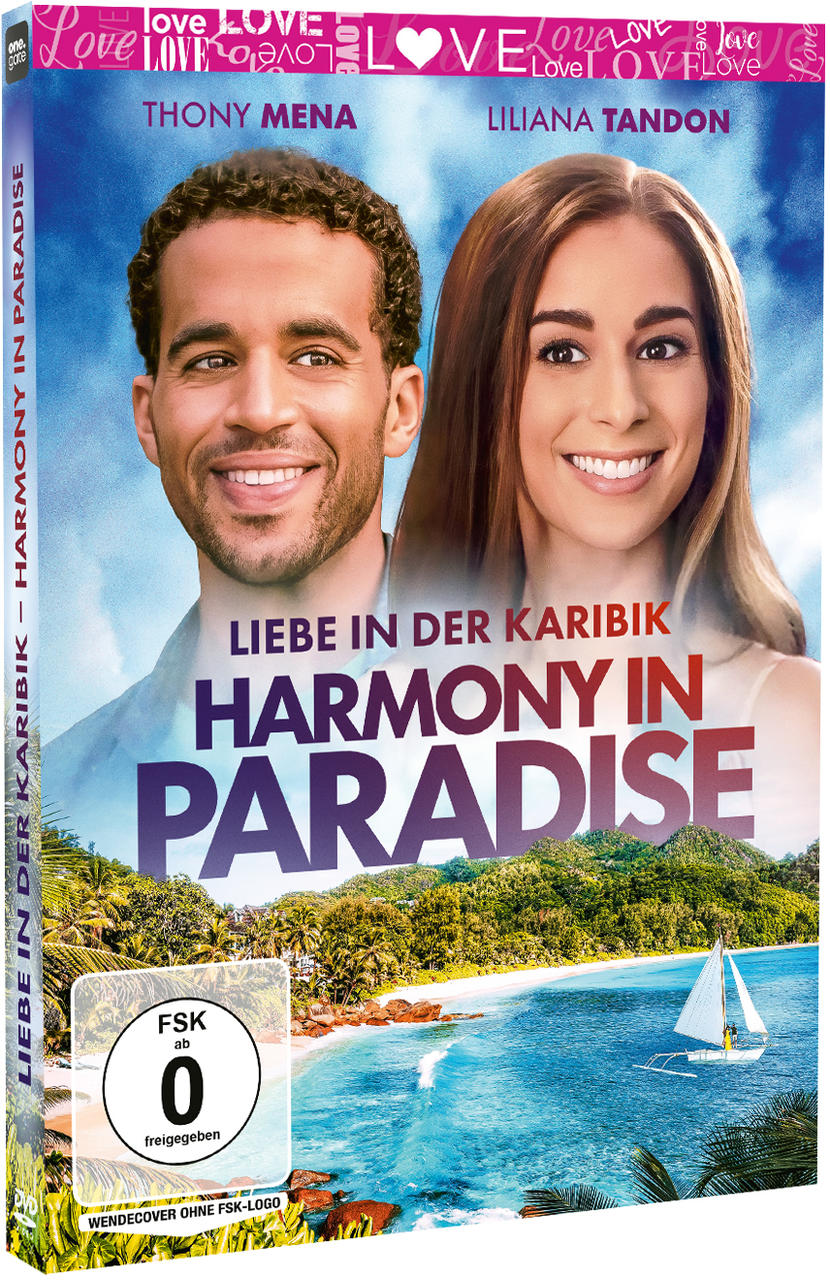 DVD-Cover mit zwei lächelnden Personen, Titel: Harmony in Paradise, und einer tropischen Strandszene.