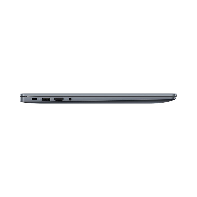 Seitenansicht eines Laptops, mit Anschlüssen an der Seite, vor weißem Hintergrund.