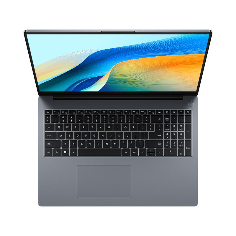 Laptop offen. Draufsicht auf Tastatur und Bildschirm.