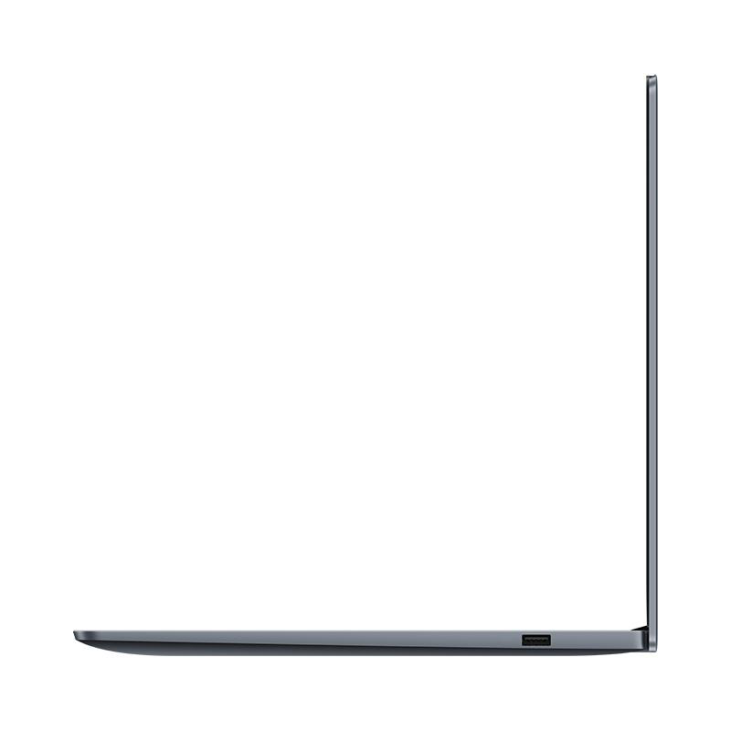 Seitenansicht eines Laptops, geschlossen, zeigt die Kante mit einem USB-Anschluss und einem dünnen Profil.