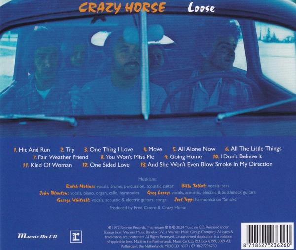 Albumcover von Crazy Horses Loose-Album. Zeigt Bandmitglieder in einem Auto.