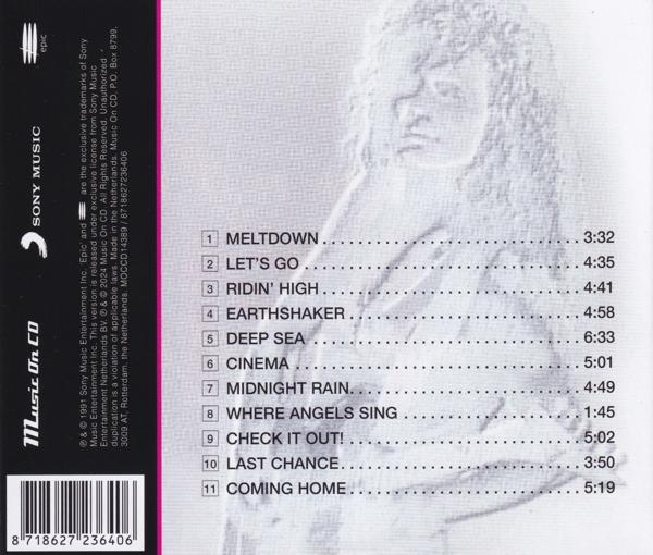 Rückseite einer CD mit Titelliste und Credits. Zeigt ein Frauenbild und das Sony Music Logo.