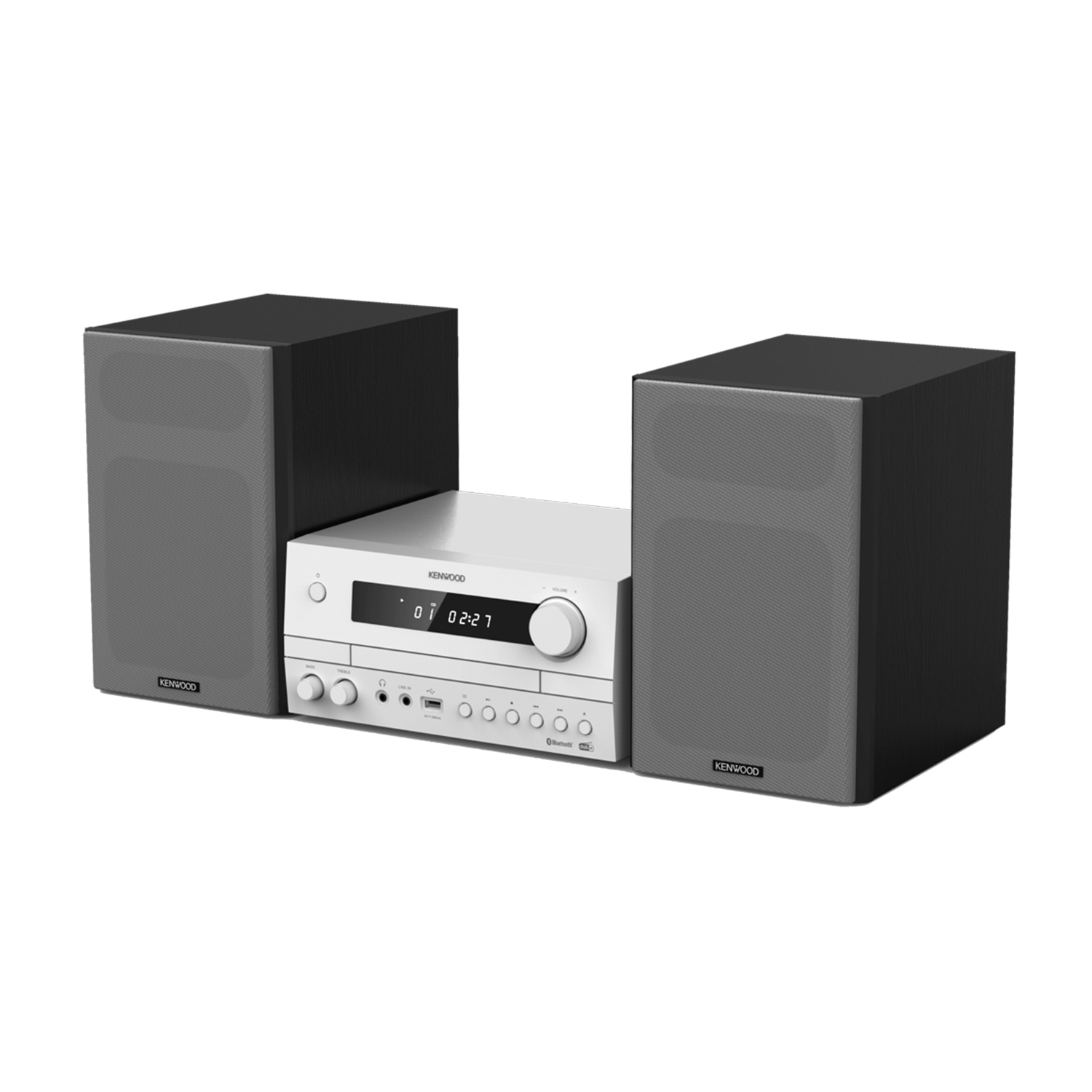 Un impianto stereo Kenwood con due altoparlanti e un'unità centrale.