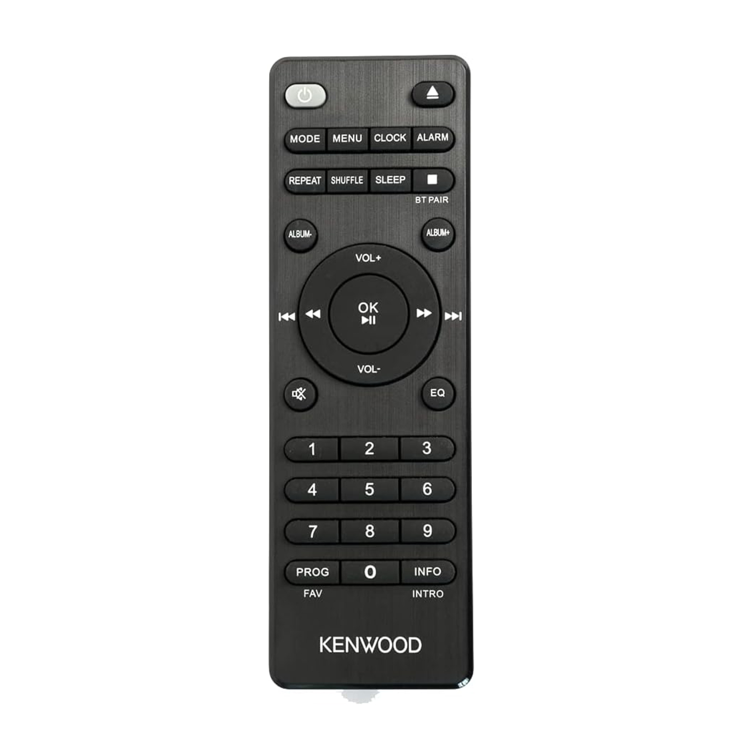 Telecomando Kenwood nero con vari pulsanti per modalità, menu, volume e altre funzioni.