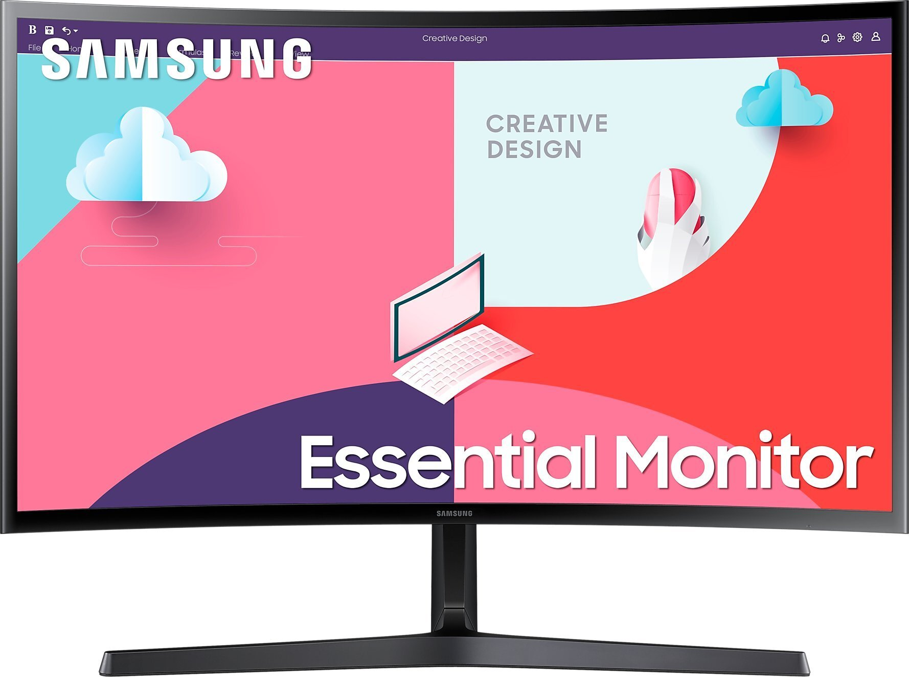 Monitor Samsung z zakrzywionym ekranem, pokazujący interfejs kreatywnego projektu.