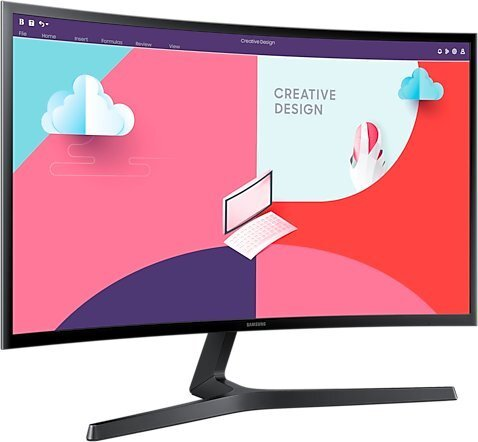 Zakrzywiony monitor z wyświetlonym interfejsem kreatywnego projektu.