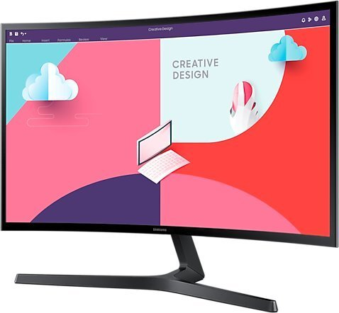 Zakrzywiony monitor wyświetlający ilustrację kreatywnego projektu.