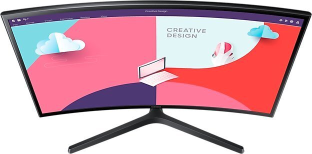 Zakrzywiony monitor z kreatywnym designem. Czarna ramka, czarna podstawa.