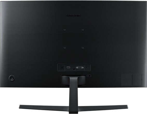 Tył czarnego monitora Samsung z portami. Podstawa jest czarna. Czarne tło.