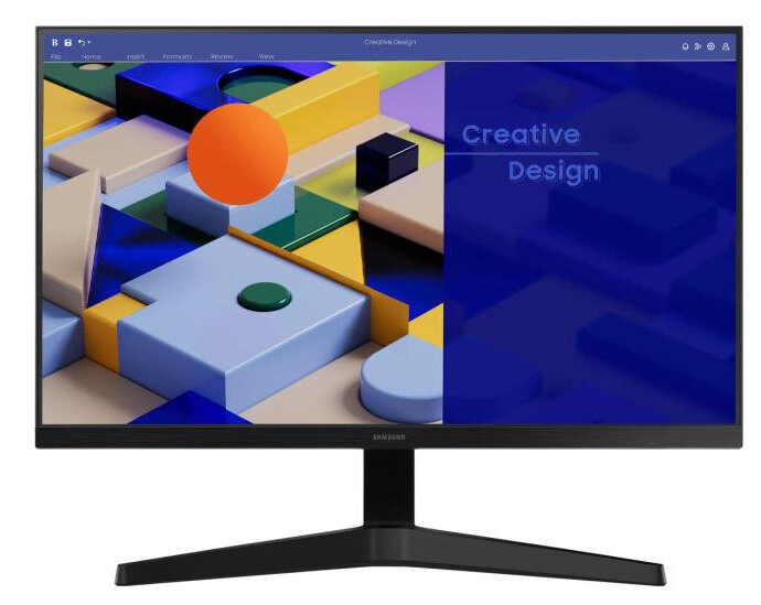 Monitor Samsung wyświetlający kolorowy abstrakcyjny wzór i napis „Creative Design”.