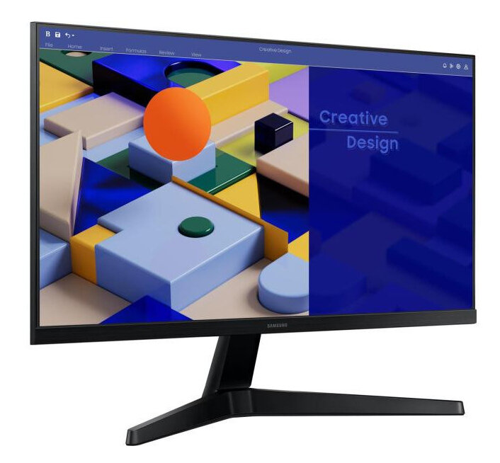 Czarny monitor. Ekran wyświetla kreatywny design z niebieskimi i pomarańczowymi kształtami.