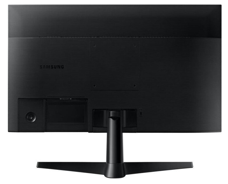 Tył czarnego monitora Samsung. Widoczne porty i podstawa. Poziome linie.