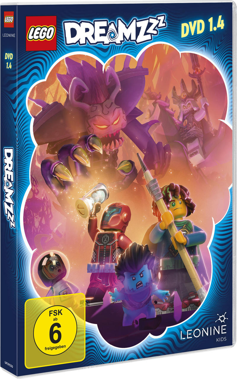 DVD-Cover von Lego Dreamzzz. Es zeigt einen Bösewicht und Lego-Charaktere mit farbenfrohem Hintergrund.