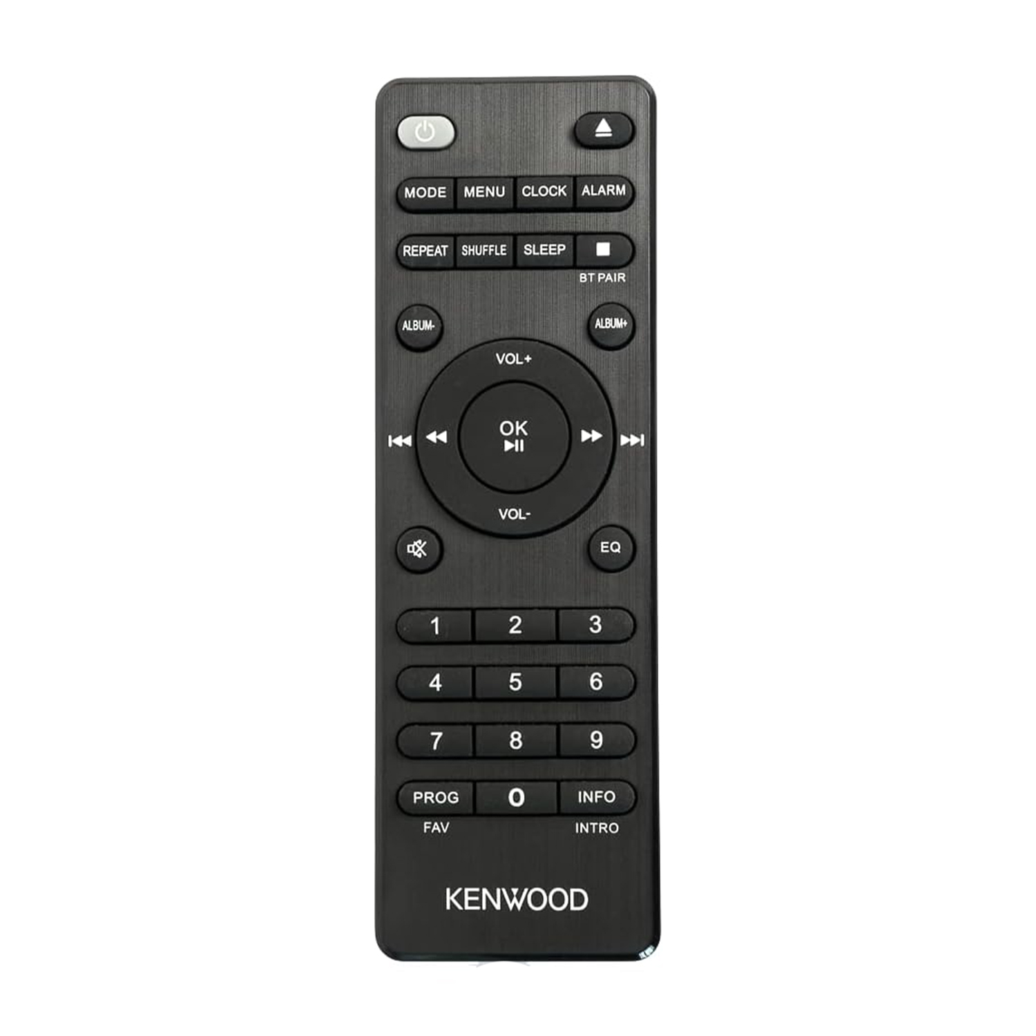 Telecomando Kenwood nero con pulsanti multipli, tra cui accensione, volume e menu.