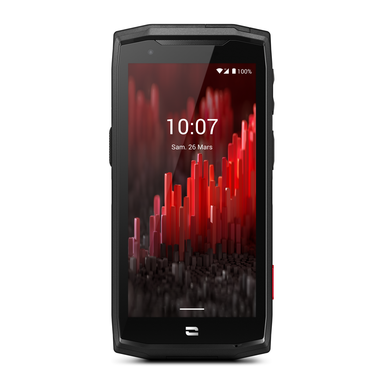 Zwarte smartphone met een rode accent, met een abstracte rode afbeelding.