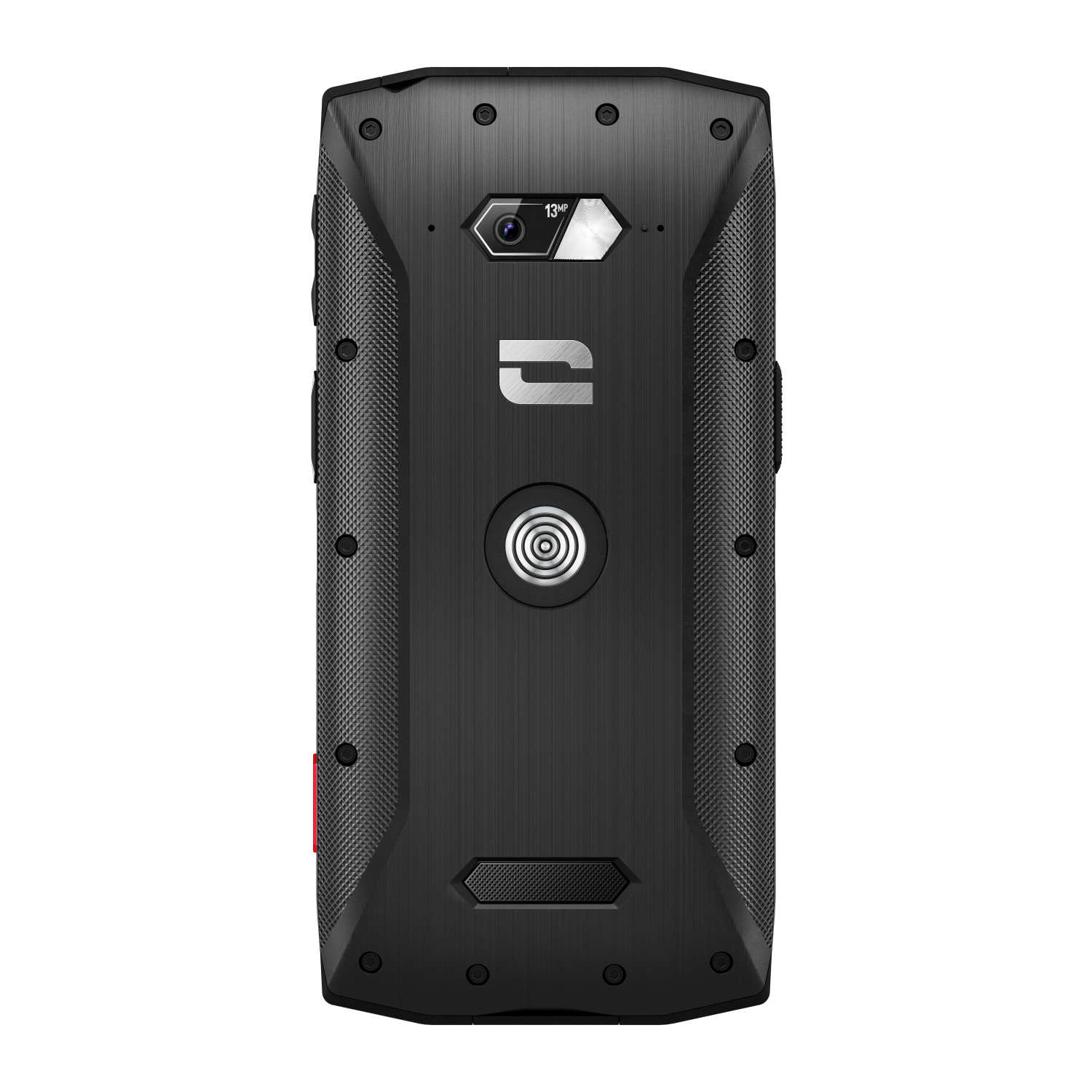 Zwarte, robuuste smartphone achterkant met camera, logo en gestructureerd ontwerp.